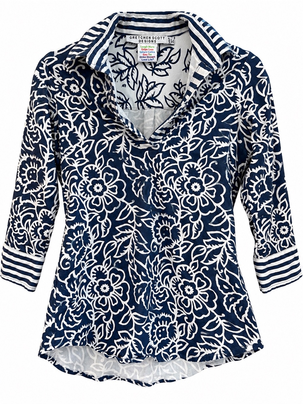Gretchen Scott Designs Navy White Floral Striped Tunic Top Small Coastal Resort